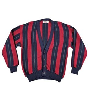 Vintage Checkpoint (Mens Large) Cardigan Sweater Striped Red Blue Knit USA Cosby